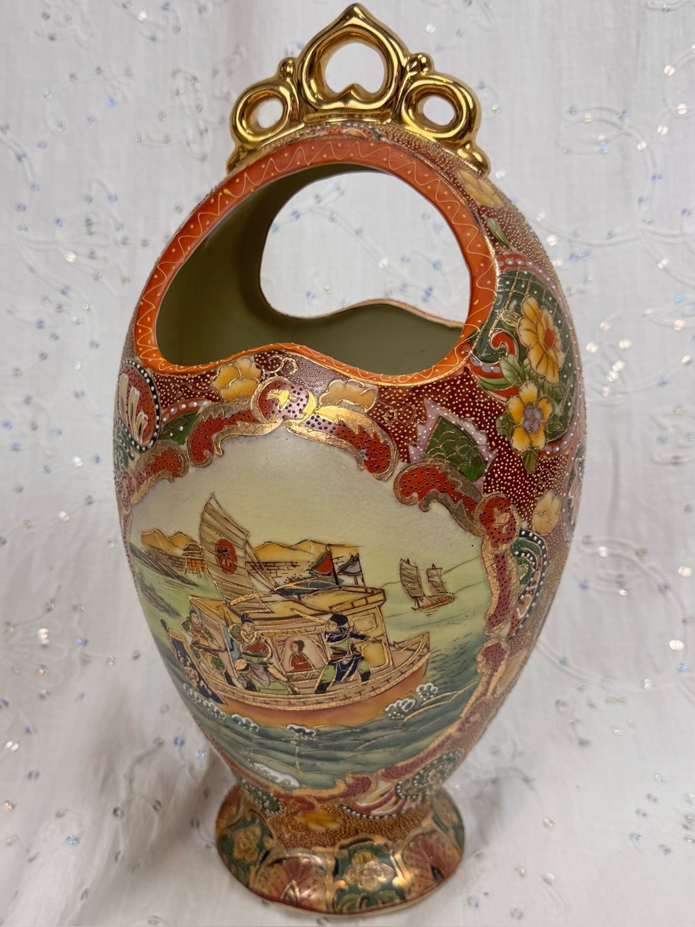 Vintage 1984 Chinese Satsuma Style Moon Flask Basket Vase 15” Gilded Chinoiserie